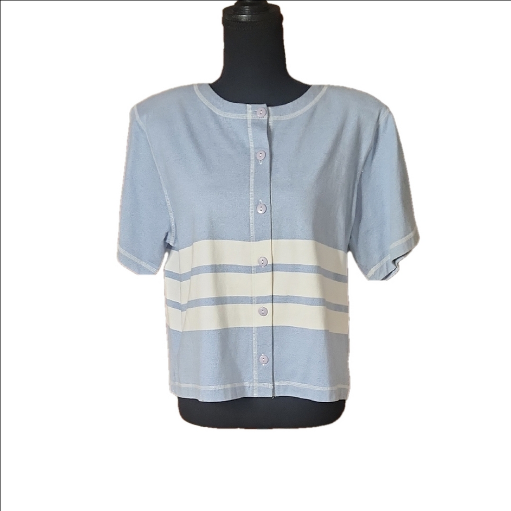 Bechemal Blue and White Striped Button-Up Top, Size LP